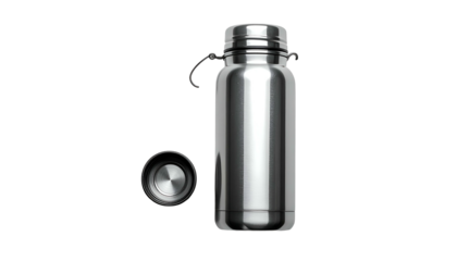Metal water bottle with lid detached, set against a black background