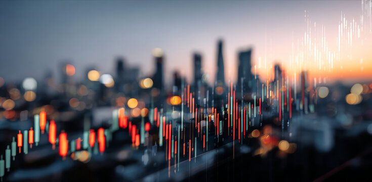 Finance stock market trading chart Urban skyline finance with glowing stock market chart