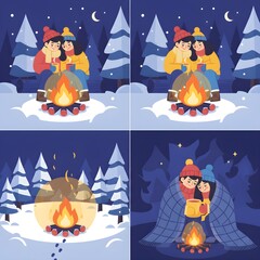Cozy Romantic Winter Campfire Night Illustration Set