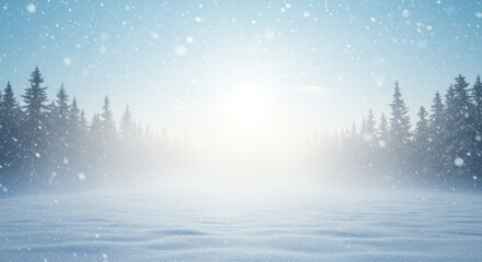 Fototapeta premium Winter landscape background with bright glowing light, heavy snowfall, and pine forest silhouette on the horizon.