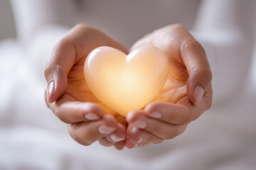 Obraz premium Hands gently holding a glowing heart-shaped light symbolizing warmth care and compassion in a soft and comforting setting