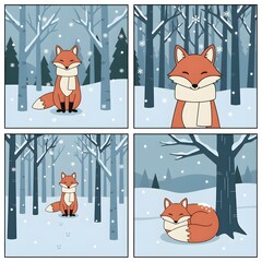 A cute cartoon fox enjoying a winter forest day