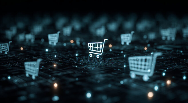 Digital shopping ecommerce online market cart neon glow cyber network