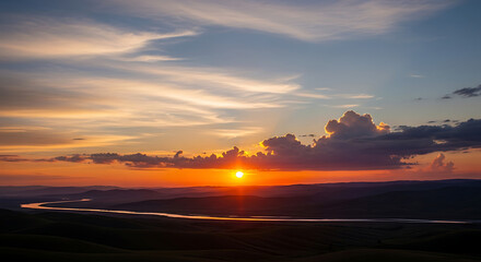 Beautiful Blue Sky Clouds Background with Orange Sunlight &ndash; Scenic Landscape of Bright Horizon and Peaceful Atmosphere
