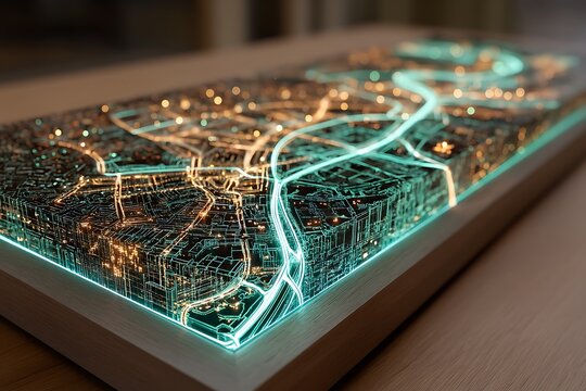Intricate illuminated city map model with glowing neon lights and detailed urban landscape design
