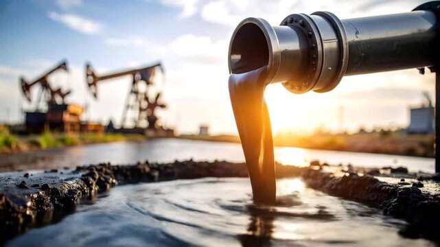 Black Crude Oil Flows From Industrial Pipe Into Ground Pool Under Golden Sunset Sky With Oil Pumps in Background