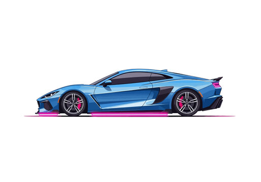 Sleek Blue Sports Car with Pink Undercarriage Lighting.
