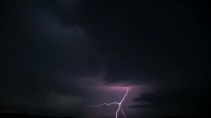 Dramatic Purple Lightning Bolt Illuminates Dark Stormy Clouds Over Silhouetted Cityscape at Night - Powered by Adobe