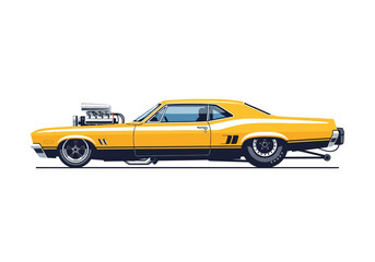 Vibrant Yellow Drag Racing Muscle Car with Exposed Engine.
