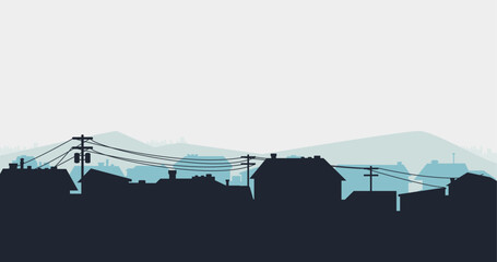 Suburban street silhouette in a small town. Roofs of houses. Country landscape. Housing vector. Seamless composition isolated on white background © SejalanArt