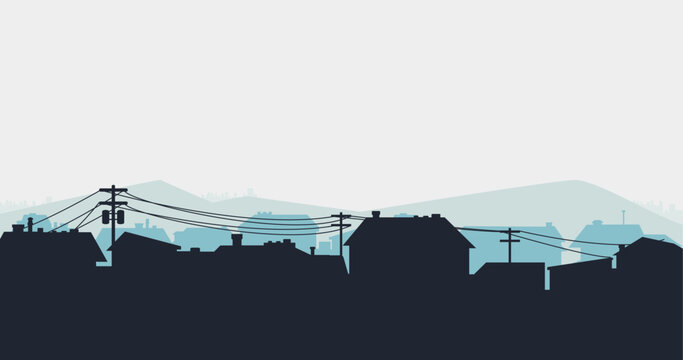 Suburban street silhouette in a small town. Roofs of houses. Country landscape. Housing vector. Seamless composition isolated on white background