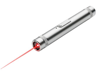 Sleek silver laser pointer emitting a bright red beam on a dark surface isolated on transparent background