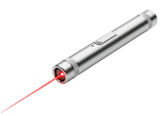 Sleek silver laser pointer emitting a bright red beam on a dark surface isolated on transparent background
