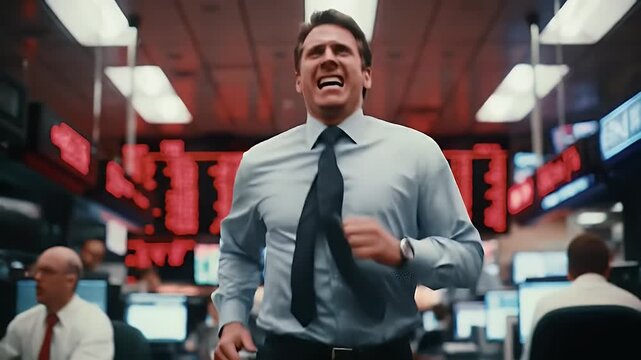 Frustrated Businessman Yelling in Trading Room with Stock Market Data Screens Background