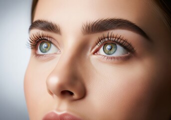 Obraz premium Extreme Close-Up of Beautiful Woman Green Eyes with Long Lashes and Perfect Eyebrows on Gray Background, Beauty and Cosmetic Concept