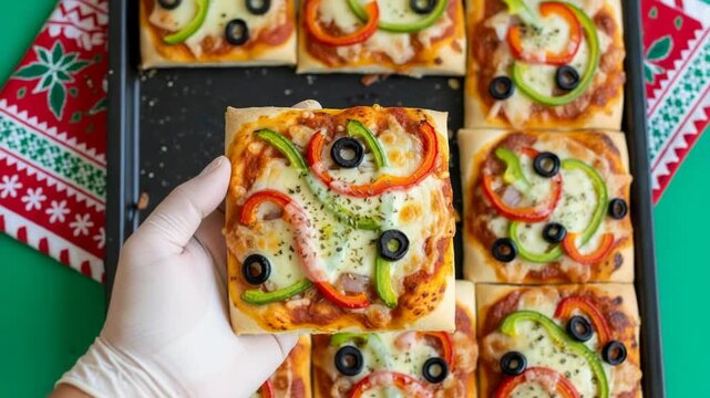 Hand holding a mini square pizza with colorful toppings