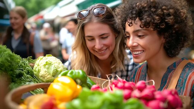 Friends browsing farmers market on sunny morning, colorful produce, sustainability and friendship, slow living lifestyle, shopping and laughter, connection through community, outdo