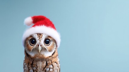 A small owl wearing a red Santa hat against a light blue background. The owl has large, expressive eyes and a fluffy, patterned body.
