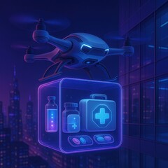 Medical drone delivers supplies through a vibrant night skyline, representing innovation in urban healthcare solutions