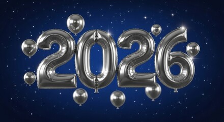 Naklejka premium Silver 2026 Balloons for New Year Celebration Against Dark Blue Starry Background.