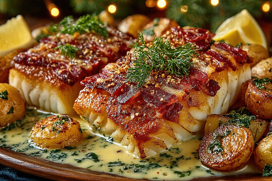 Norwegian lutefisk with bacon traditional Christmas fish