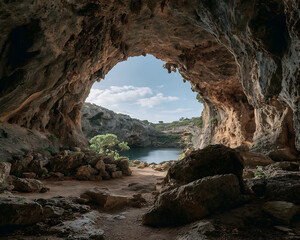 Wide view from inside a large natural cave opening to a blue lake and sky cavern rock formation