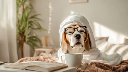 A beagle dog wearing glasses and a white towel sits on a bed with a cup in front. The room is bright and cozy, with a plant in the background.