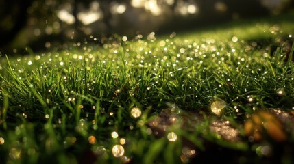 Dewy Grass in Morning Light with Glimmering Water Droplets