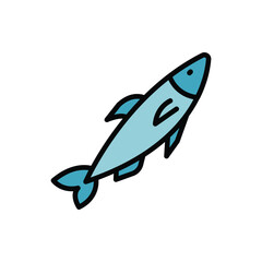 A cartoon fish swims on a white background It has a blue body fins and a black outline