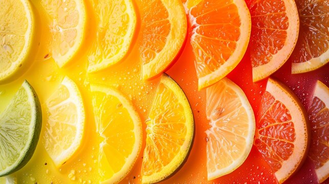 Vibrant citrus fruit slices create a refreshing rainbow of colors, perfect for healthy eating and summer promotions with a bright, juicy vibe