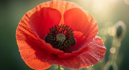 Radiant Red Poppy: A Captivating Close-Up with Delicate Dewdrops and Gentle Sunlight