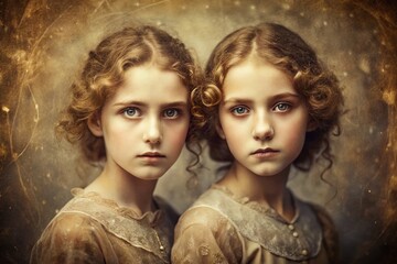 Antique Twin Portrait, Sepia-toned Vintage Photograph, Mysterious Siblings, Old Photo, Double Exposure Effect