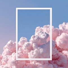 Clouds form a pink fluffy scene with a white frame in a clear blue sky capturing a dreamy atmosphere during daytime
