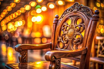 Antique Wooden Chair Close-up with Bokeh, Vintage Furniture Detail, Retro Home Decor