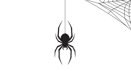 Black spider hanging from a silk thread with a spiderweb