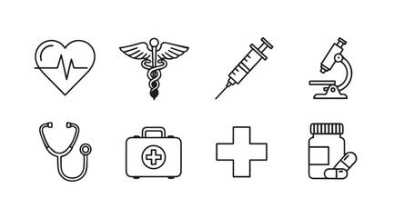 Collection of hand-drawn medical icons representing healthcare science and emergency services vector