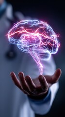 Floating AI brain scan hologram in a dark lab setting with vibrant neon colors above a doctor's hand showcases advanced medical technology and innovation