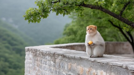 A Barbary Macaque Monkey Sits On A Stone Wall Eating A Yellow Fruit In A Lush Green Forest With A Misty Mountain Background On A Rainy Day