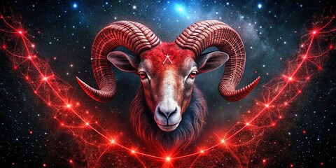 Aries Zodiac Sign Night Photography: Red Ram with Massive Horns and Stars