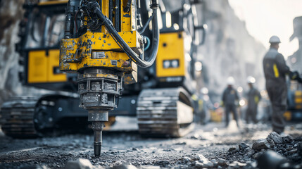 A powerful drill rig stands prominently in a dusty quarry, captured from a low-angle ground view emphasizing its massive tracks and robust structure. scale of heavy machinery.