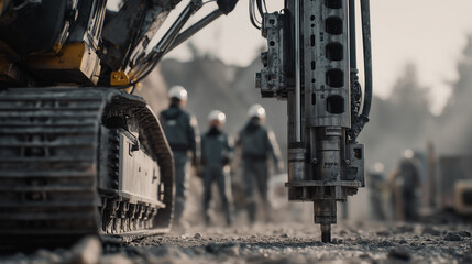 A powerful drill rig stands prominently in a dusty quarry, captured from a low-angle ground view emphasizing its massive tracks and robust structure. scale of heavy machinery.