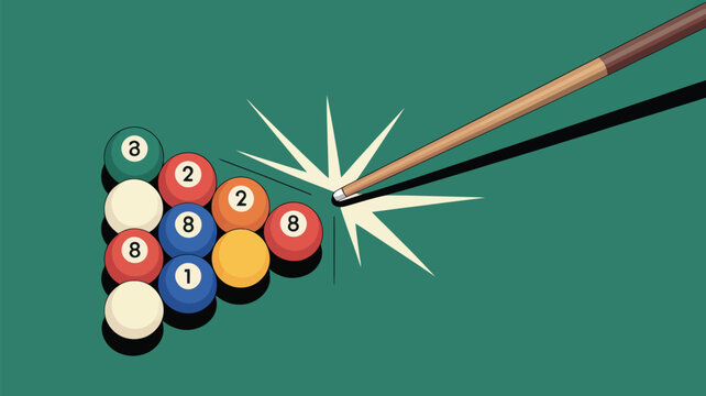 A billiards table with a cue stick about to break a rack of balls on a green felt surface table top view