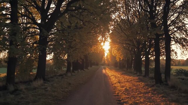 Sunset illuminates tree lined lane with sunlight filtering through autumn canopy along dirt road flanked by tall oak tree creating golden glow on fallen leaf and grassy verge rural path toward horizon
