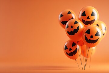 Orange balloons with spooky cartoon faces floating against orange gradient background. Halloween celebration concept ideal for greeting cards, posters and promotional designs