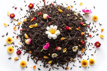 Aromatic Black Dry Tea with Petals Top View - Tilt-Shift Photography