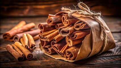 Aromatic Cinnamon Bark Pieces in Paper Bag - Close-Up Stock Photo