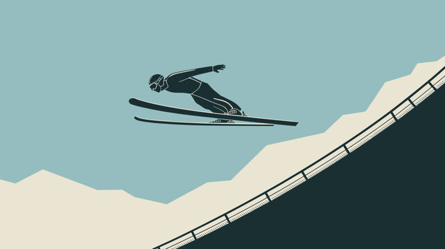 Silhouette of a ski jumper in mid air against a light blue sky near a ski jump ramp edge