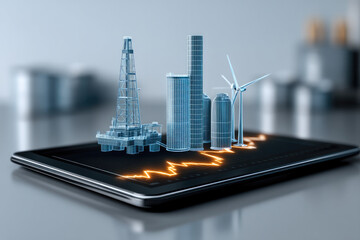 Futuristic energy sector concept with oil rig, skyscraper, wind turbine, and tablet displaying digital data visualization