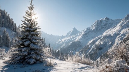 Fototapeta premium Majestic Winter Landscape with Snow-Covered Pine Tree and Mountains