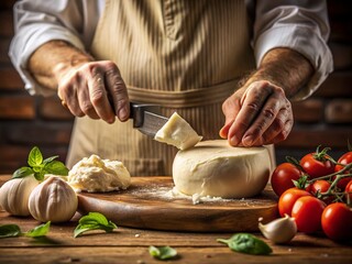 Artisan Cheesemaker Hands Cutting Fresh Mozzarella Cheese, High-Resolution Stock Photo